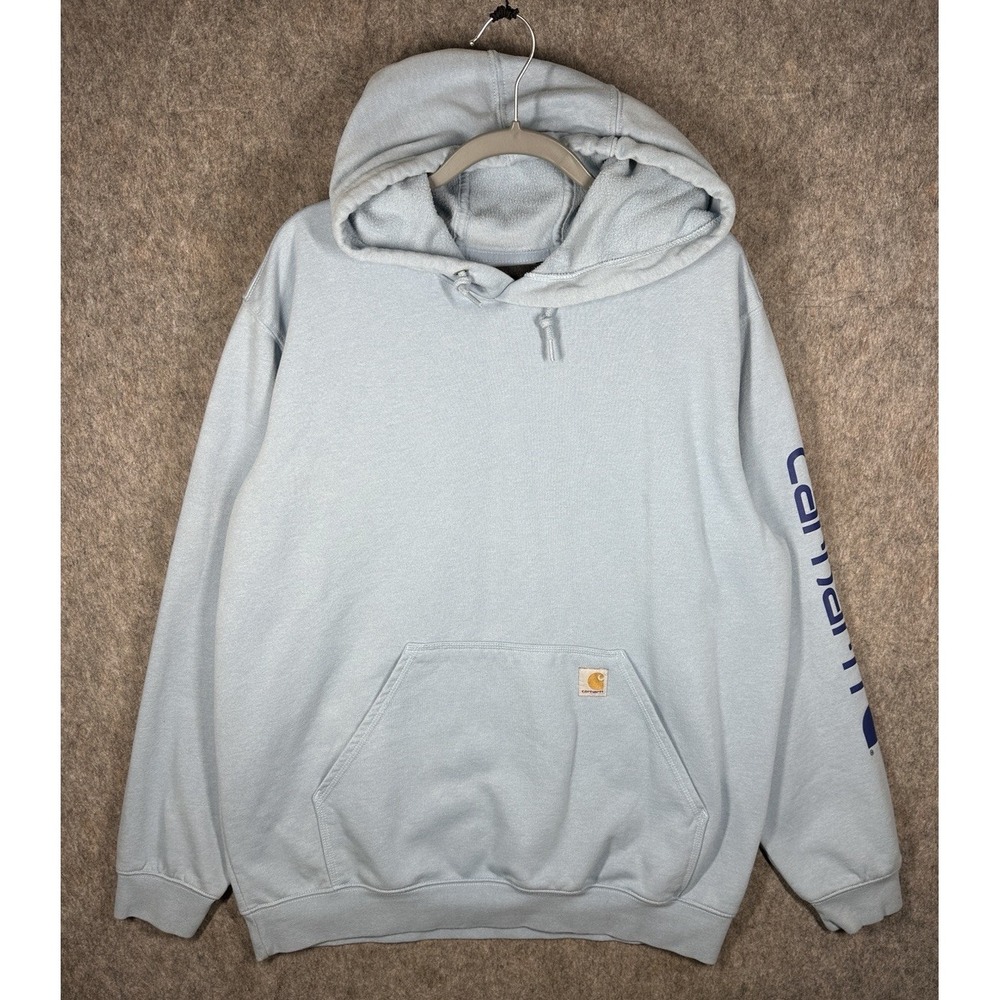 Carhartt K288 H74 Mens XL Loose Fit Light Blue Logo Sleeve Hoodie Workwear